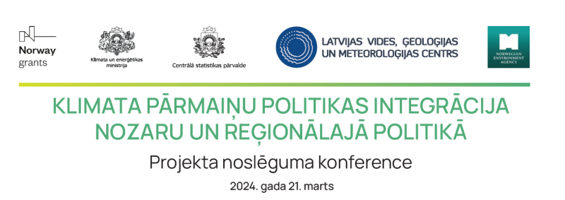 Konferences vizuālais noformējums ar institūciju logotipiem un tekstu “Klimata pārmaiņu politikas integrācija nozaru un reģionālajā politikā. Projekta noslēguma konference. 2024. gada 21. marts”.