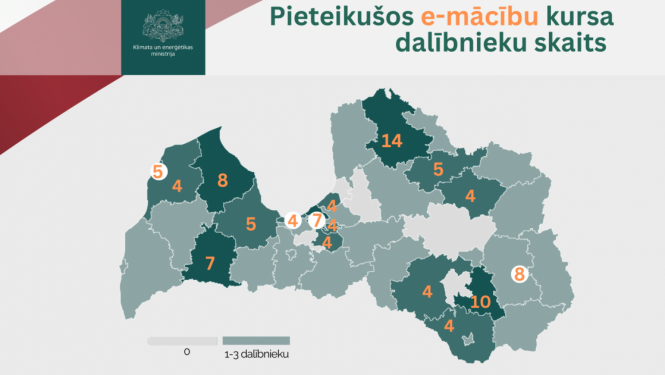 Infografika ar Latvijas karti, kurā attēlots e‑mācību kursam par klimata pārmaiņām pieteikušos dalībnieku skaits dažādās pašvaldībās un reģionos.