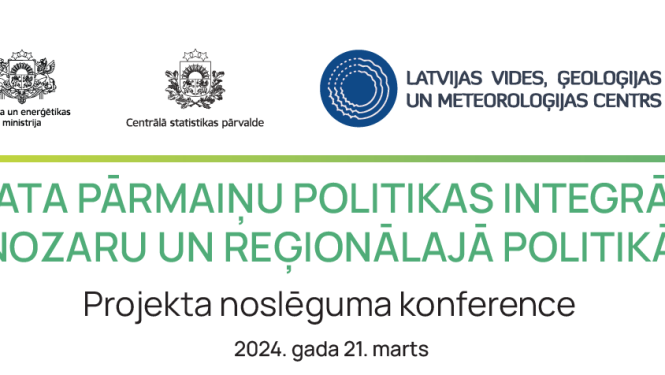 Konferences vizuālais noformējums ar institūciju logotipiem un tekstu “Klimata pārmaiņu politikas integrācija nozaru un reģionālajā politikā. Projekta noslēguma konference. 2024. gada 21. marts”.