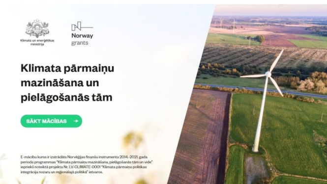 E‑mācību kursa “Klimata pārmaiņu mazināšana un pielāgošanās tām” vizuālais noformējums ar vēja elektrostaciju lauksaimniecības ainavā un norādi uz mācību uzsākšanu.