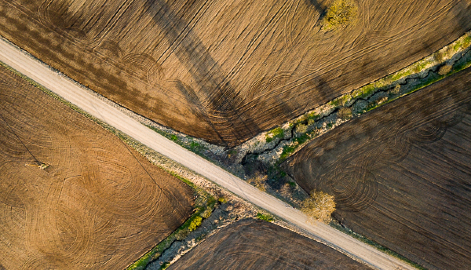 Skats no augšas uz aramzemes laukiem, kurus pa diagonāli šķērso grants ceļš; gar ceļu starp laukiem vijas šaura ūdenstece ar veģetāciju.