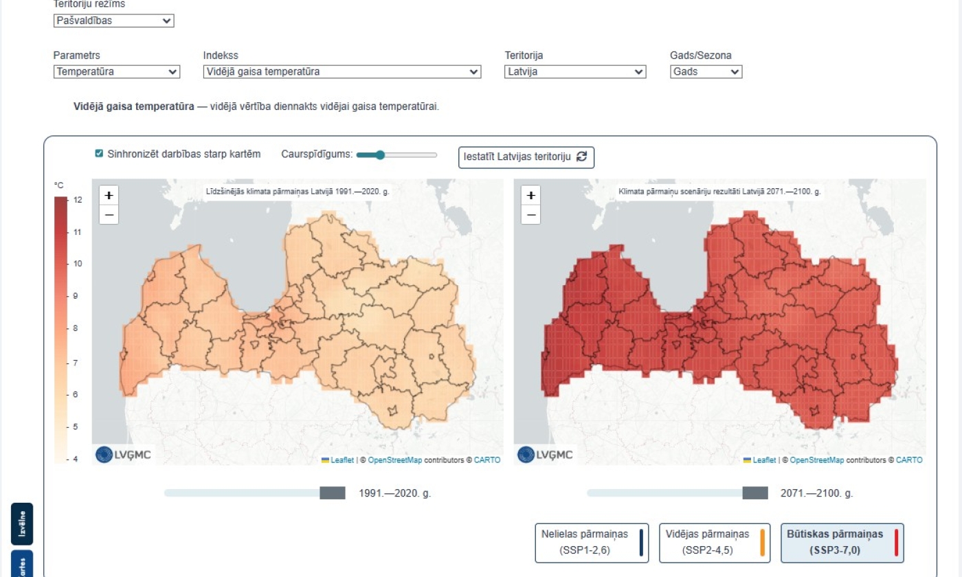 Klimata pārmaiņu analīzes rīka ekrānšāviņš