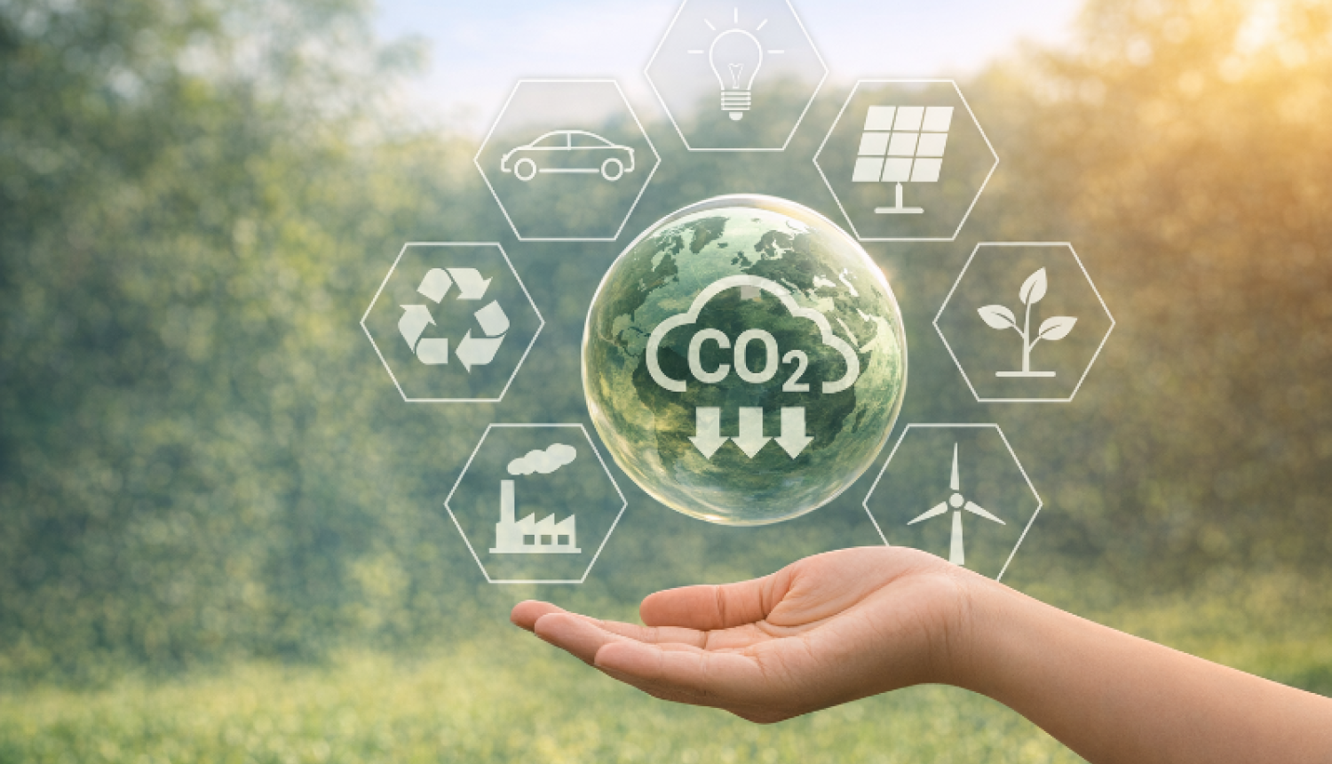 Plauksta tur simbolisku zemeslodi, uz kā ir mākonis, uz kā rakstīts CO2 ar uz leju rādošā bultām